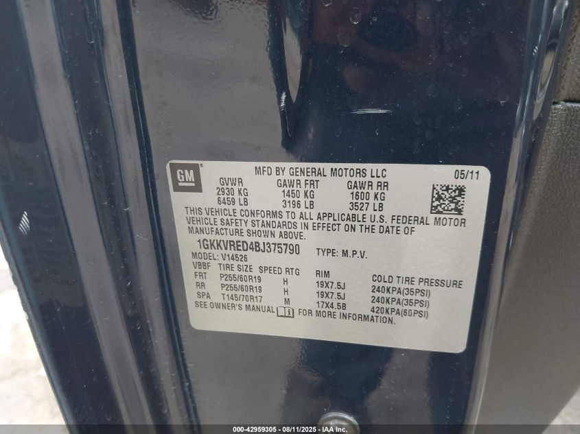 2011 GMC Acadia Slt-1 VIN: 1GKKVRED4BJ375790 Lot: 42959305