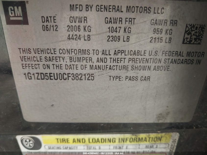 2012 Chevrolet Malibu 2Lt VIN: 1G1ZD5EU0CF382125 Lot: 42959452