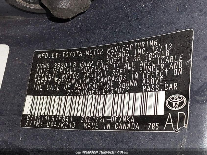 2014 Toyota Corolla Le VIN: 2T1BURHE9EC091073 Lot: 42959635