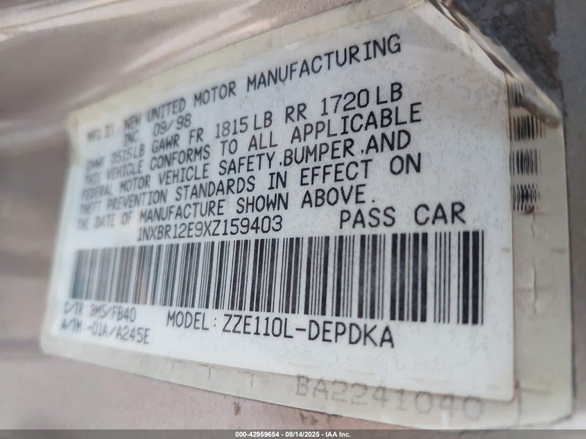 1999 Toyota Corolla Ce VIN: 1NXBR12E9XZ159403 Lot: 42959654