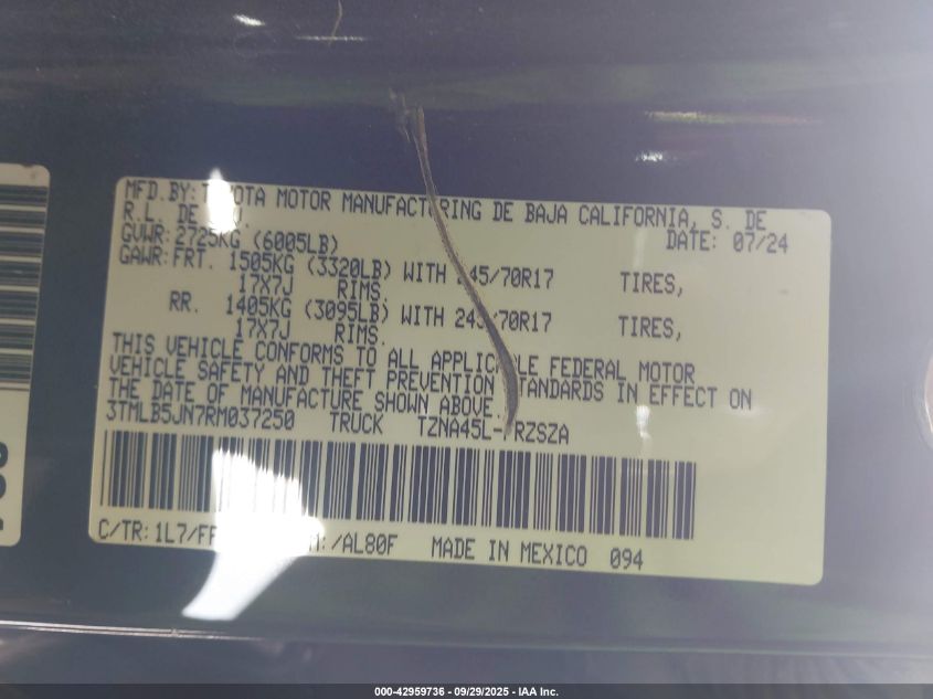2024 Toyota Tacoma Sr5 4Wd VIN: 3TMLB5JN7RM037250 Lot: 42959736