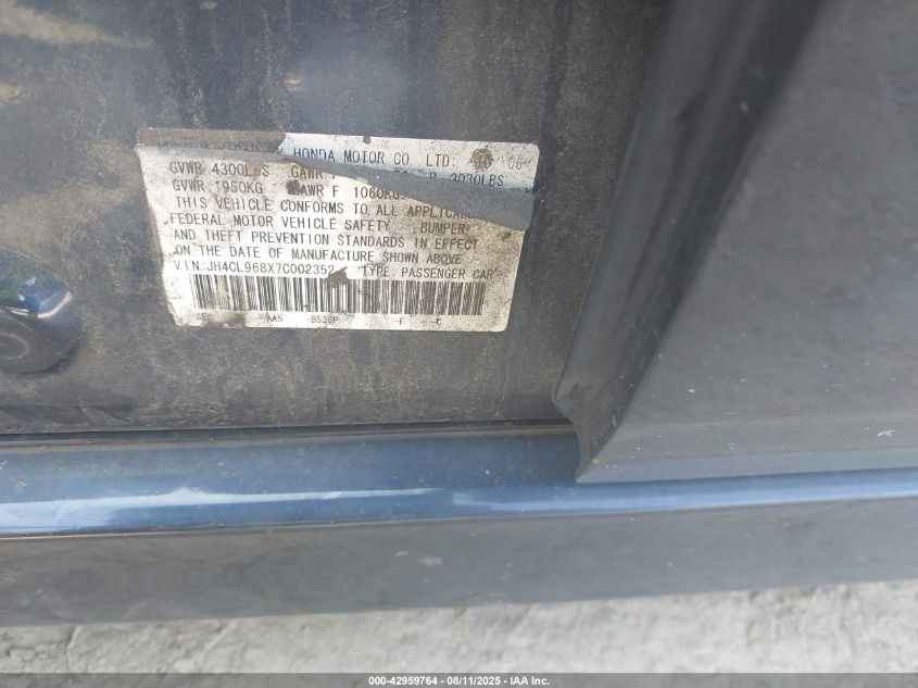 2007 Acura Tsx VIN: JH4CL968X7C002352 Lot: 42959764