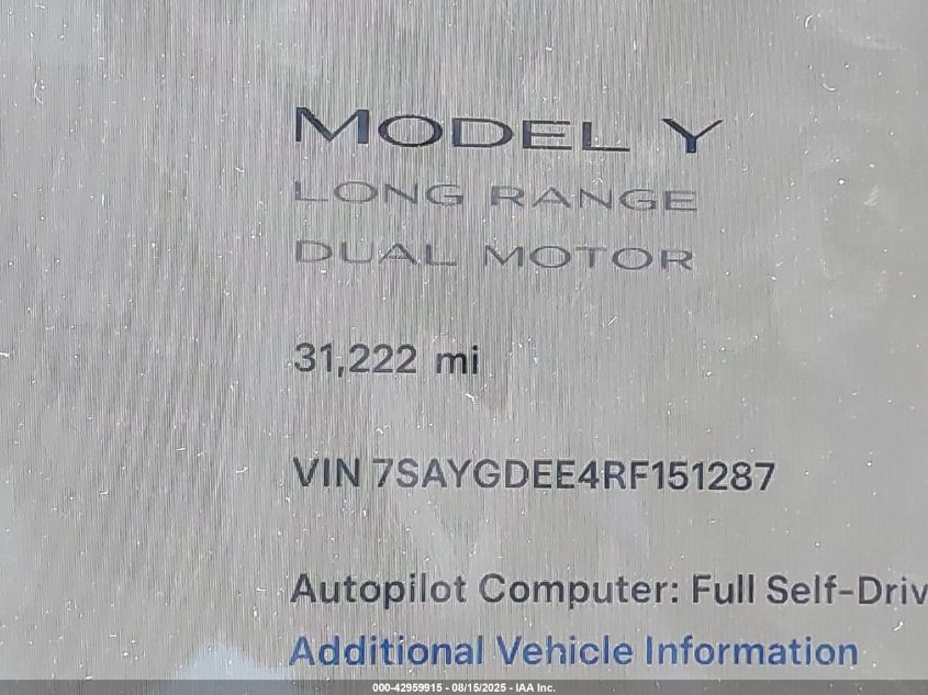 2024 Tesla Model Y Long Range Dual Motor All-Wheel Drive VIN: 7SAYGDEE4RF151287 Lot: 42959915