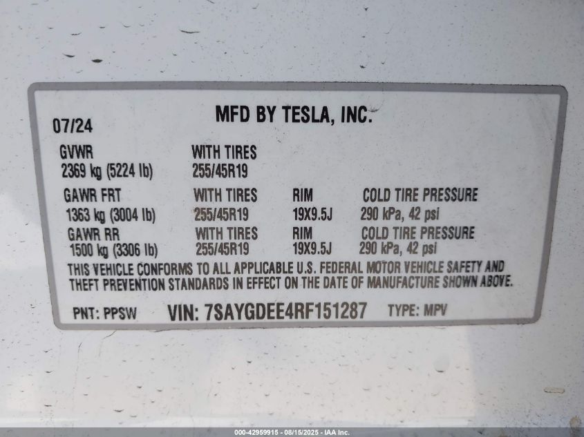 2024 Tesla Model Y Long Range Dual Motor All-Wheel Drive VIN: 7SAYGDEE4RF151287 Lot: 42959915