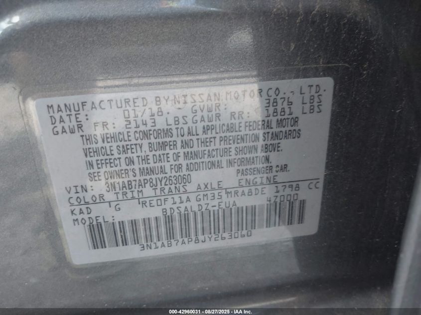 2018 Nissan Sentra Sv VIN: 3N1AB7AP8JY263060 Lot: 42960031