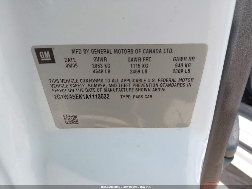 2010 Chevrolet Impala Ls VIN: 2G1WA5EK1A1113632 Lot: 42960066