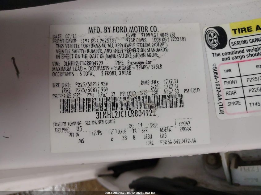 2012 Lincoln Mkz VIN: 3LNHL2JC1CR804922 Lot: 42960142