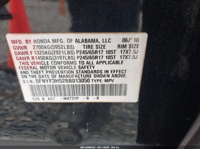 2011 Honda Pilot Ex-L VIN: 5FNYF3H52BB013050 Lot: 42960322