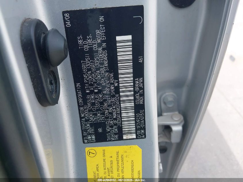 2008 Toyota Highlander VIN: JTEDS41A882049324 Lot: 42960332