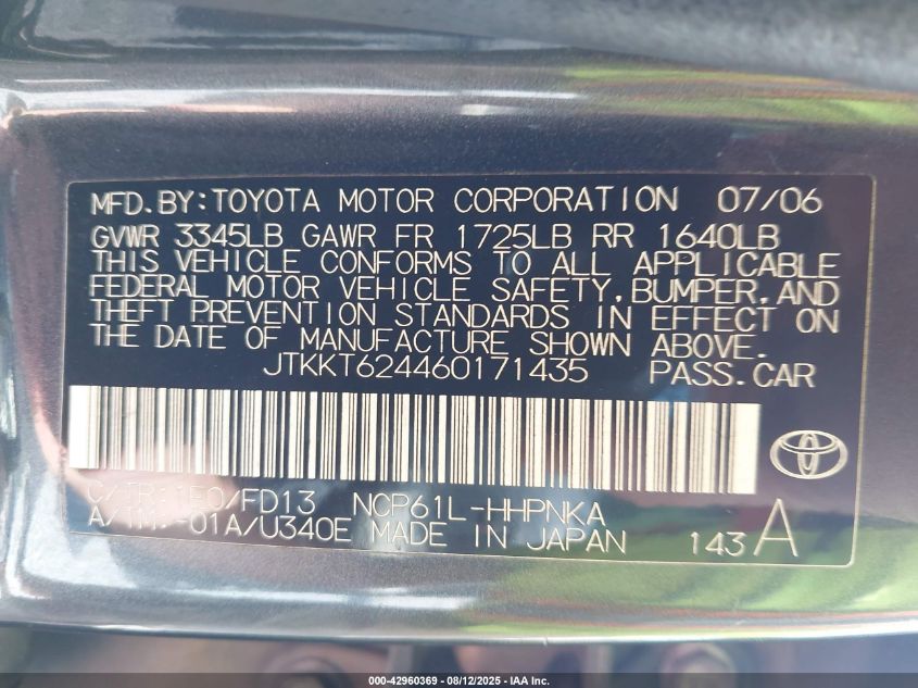 2006 Scion Xa VIN: JTKKT624460171435 Lot: 42960369