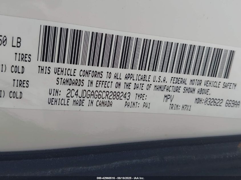 2012 Ram Cargo C/V VIN: 2C4JDGAG6CR288243 Lot: 42960516