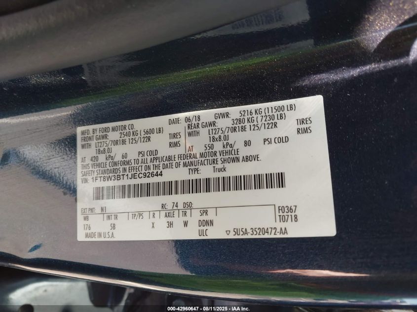 2018 Ford F-350 Lariat VIN: 1FT8W3BT1JEC92644 Lot: 42960647