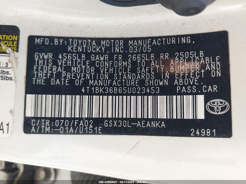 2005 Toyota Avalon Xl VIN: 4T1BK36B65U023453 Lot: 42960657