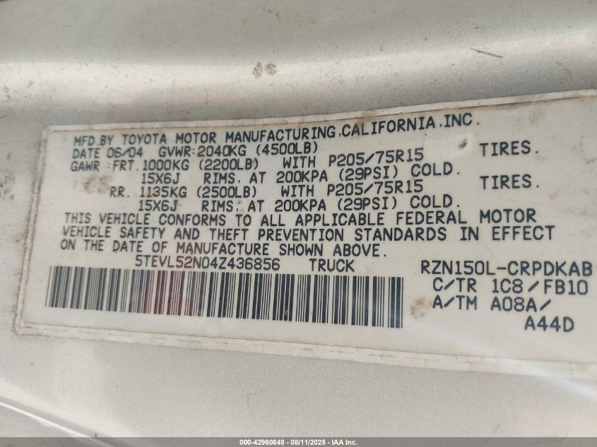 2004 Toyota Tacoma VIN: 5TEVL52N04Z436856 Lot: 42960848