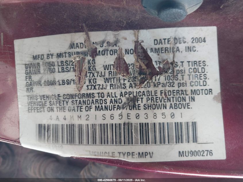 2005 Mitsubishi Endeavor Ls VIN: 4A4MM21S65E038501 Lot: 42960879