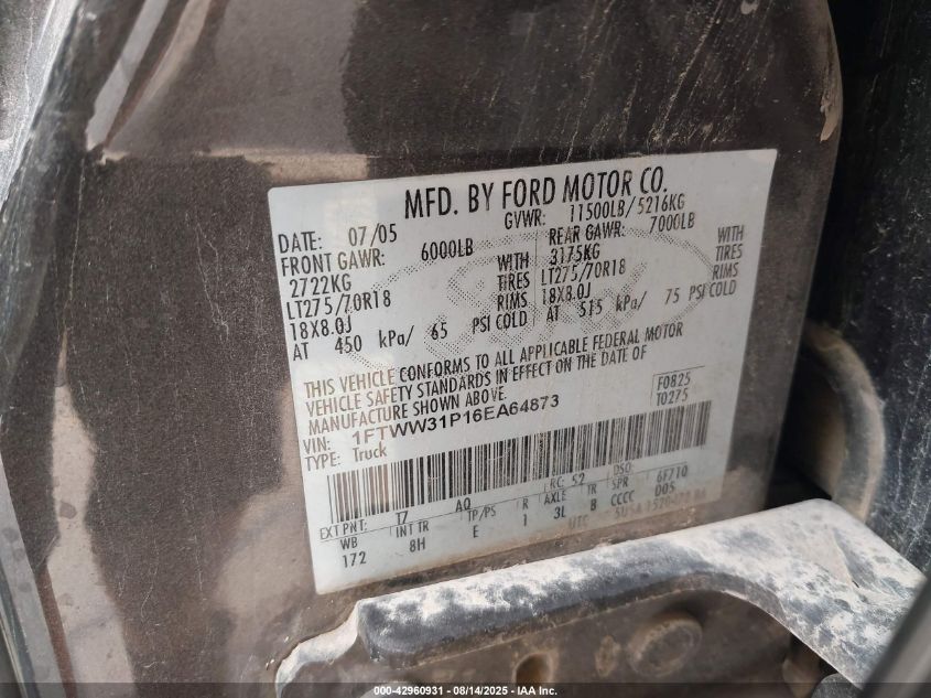 2006 Ford F-350 Lariat/Xl/Xlt VIN: 1FTWW31P16EA64873 Lot: 42960931