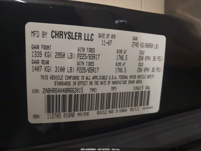 2008 Chrysler Town & Country Limited VIN: 2A8HR64X48R662015 Lot: 42960980