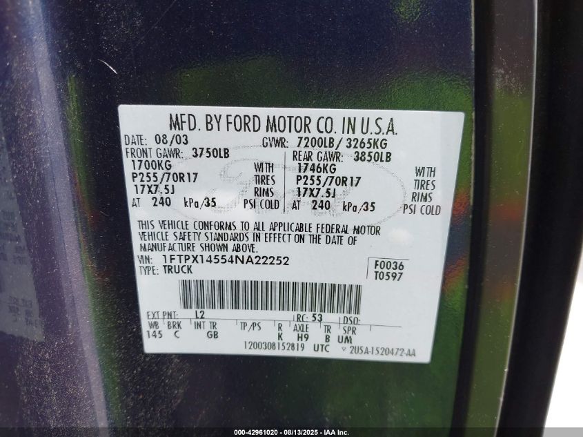 2004 Ford F150 VIN: 1FTPX14554NA22252 Lot: 42961020