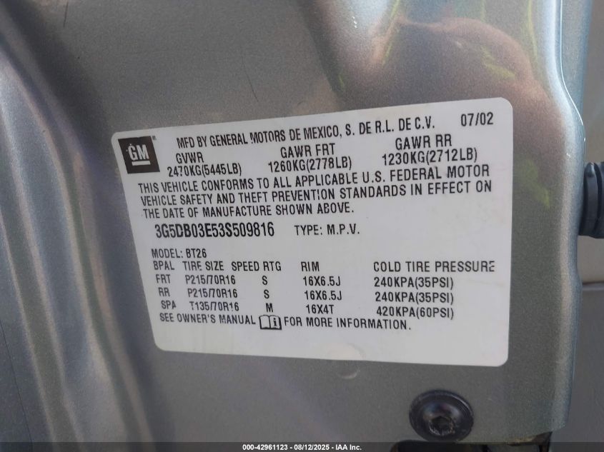 2003 Buick Rendezvous Cxl VIN: 3G5DB03E53S509816 Lot: 42961123