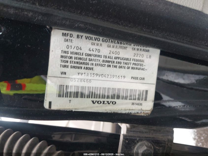 2004 Volvo S60 2.5T VIN: YV1RS59V042391619 Lot: 42961213