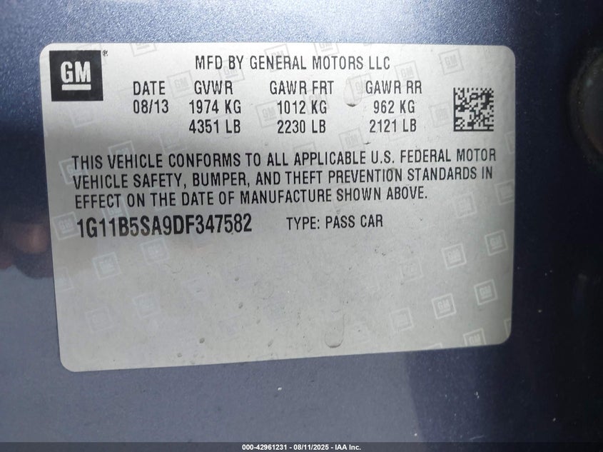 2013 CHEVROLET MALIBU 1LS 1G11B5SA9DF347582