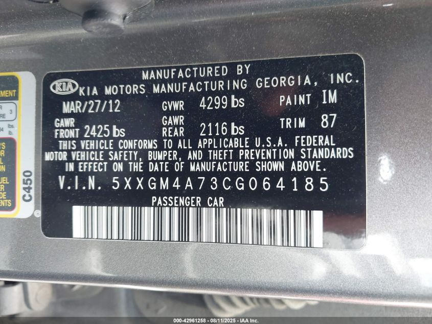 2012 Kia Optima Lx VIN: 5XXGM4A73CG064185 Lot: 42961258