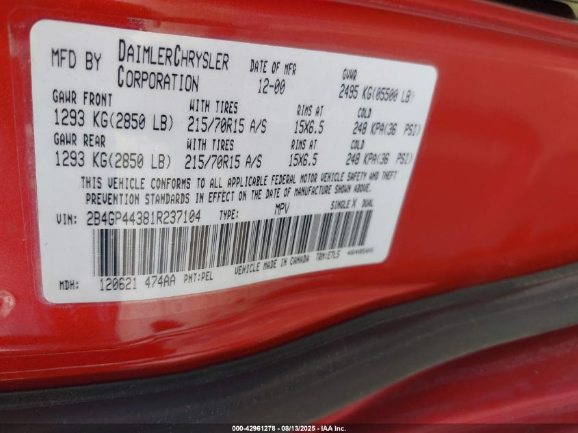 2001 Dodge Grand Caravan Sport VIN: 2B4GP44381R237104 Lot: 42961278