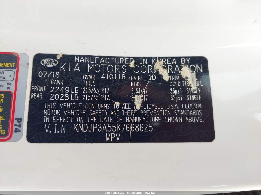 2019 Kia Soul + VIN: KNDJP3A55K7668625 Lot: 42961547