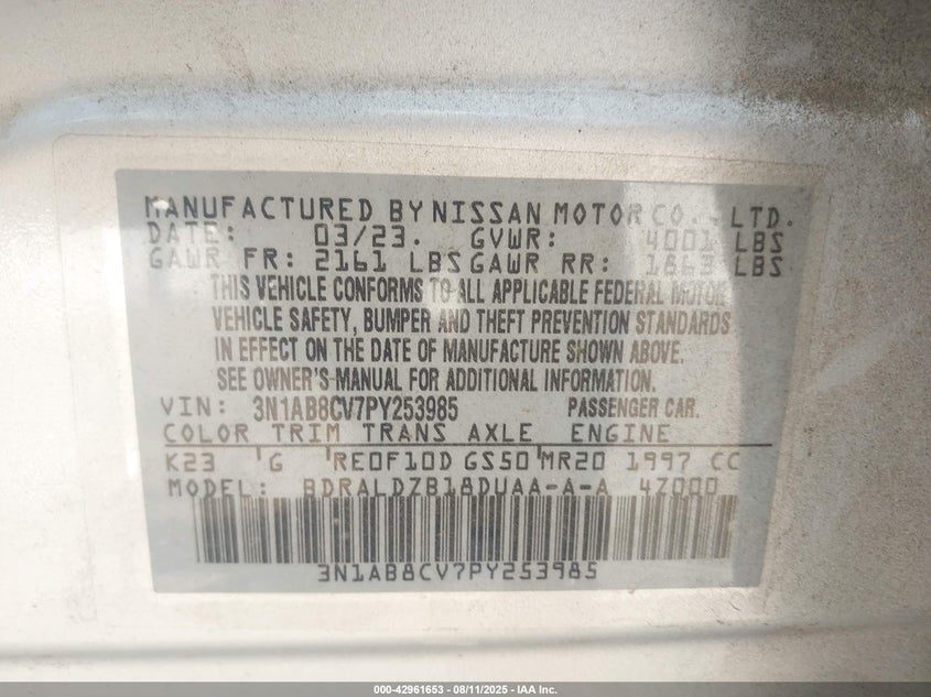 VIN 3N1AB8CV7PY253985 2023 NISSAN SENTRA SV XTRONIC CVT