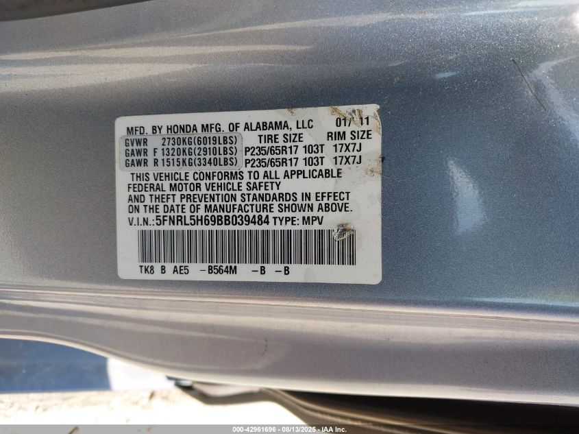 2011 Honda Odyssey Ex-L VIN: 5FNRL5H69BB039484 Lot: 42961696