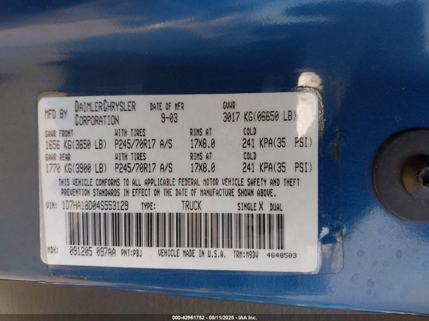 2004 Dodge Ram 1500 Slt/Laramie VIN: 1D7HA18D04S553129 Lot: 42961752