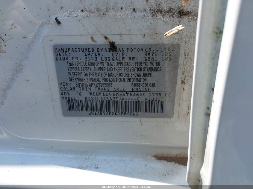 2019 Nissan Sentra Sv VIN: 3N1AB7APXKY285062 Lot: 42961777