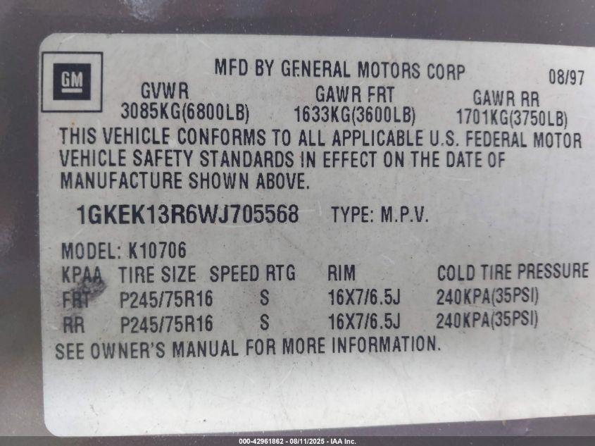 1998 GMC Yukon Slt VIN: 1GKEK13R6WJ705568 Lot: 42961862