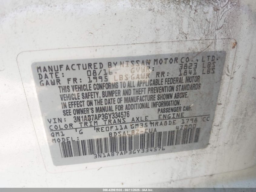 2016 Nissan Sentra S VIN: 3N1AB7AP3GY334576 Lot: 42961935