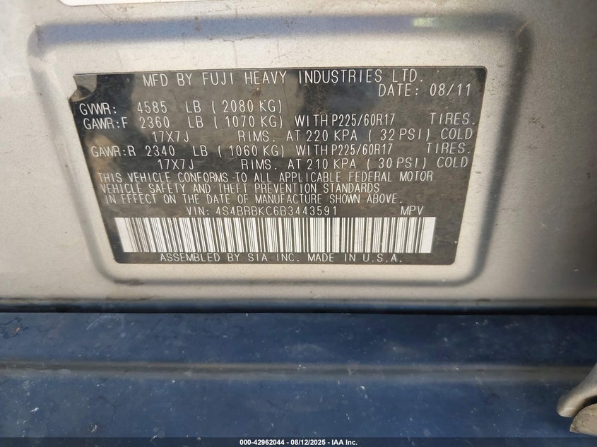 4S4BRBKC6B3443591 2011 SUBARU OUTBACK photo no. 9