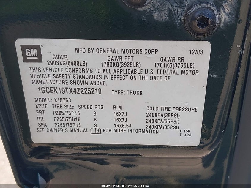 2004 Chevrolet Silverado 1500 Z71 VIN: 1GCEK19TX4Z225210 Lot: 42962058