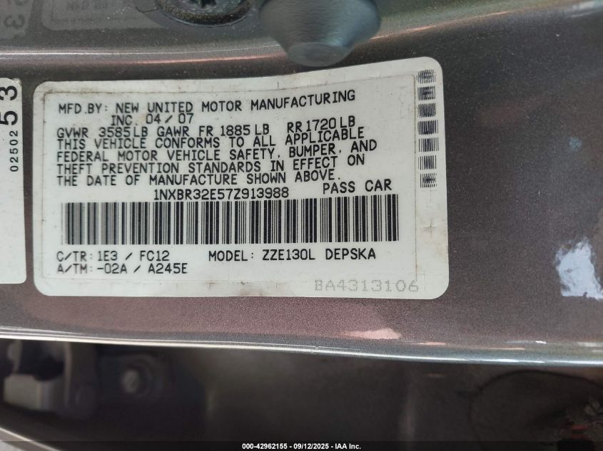 2007 Toyota Corolla S VIN: 1NXBR32E57Z913988 Lot: 42962155