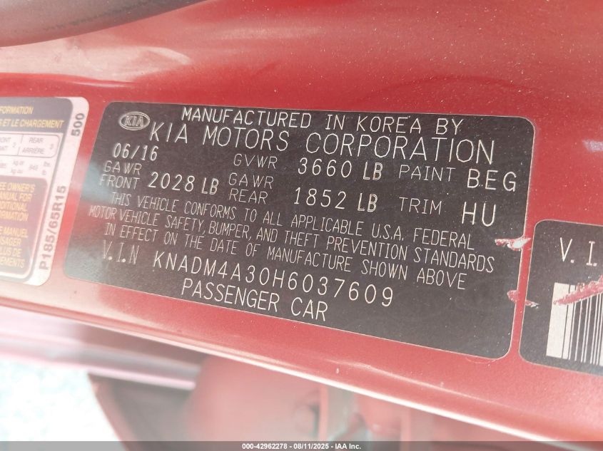 2017 Kia Rio Lx VIN: KNADM4A30H6037609 Lot: 42962278