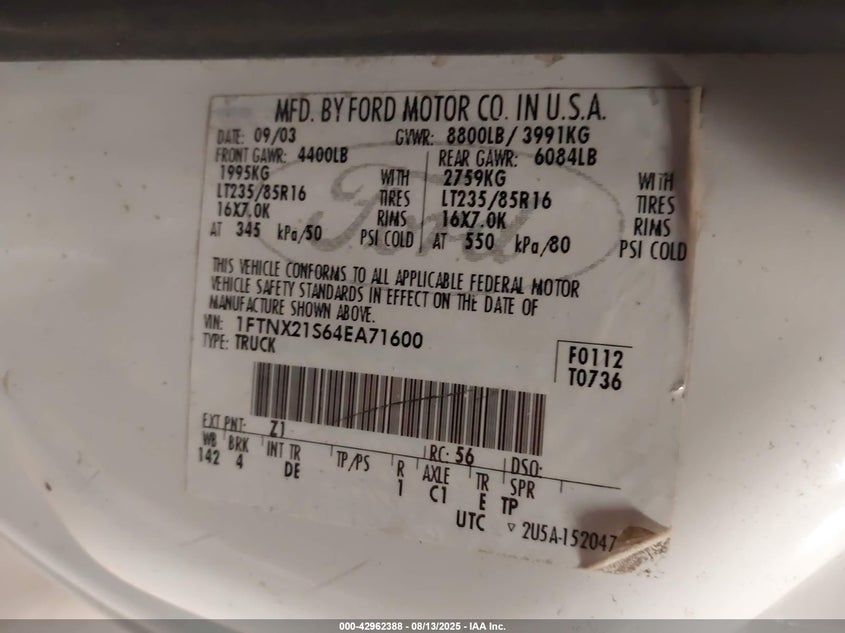 2004 Ford F-250 Lariat/Xl/Xlt VIN: 1FTNX21S64EA71600 Lot: 42962388