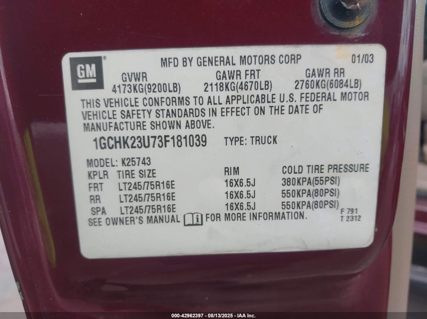 2003 Chevrolet Silverado 2500Hd Ls VIN: 1GCHK23U73F181039 Lot: 42962397