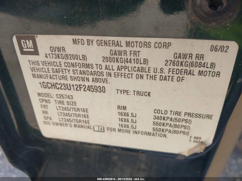 2002 Chevrolet Silverado 2500Hd Ls VIN: 1GCHC23U12F245930 Lot: 42962614