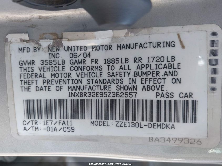 2005 Toyota Corolla Ce VIN: 1NXBR32E95Z362557 Lot: 42962652