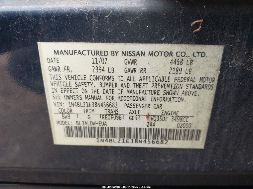 2008 Nissan Altima 3.5 Se VIN: 1N4BL21E38N456682 Lot: 42962700