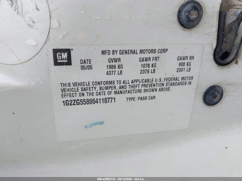 2006 Pontiac G6 VIN: 1G2ZG558864118771 Lot: 42962733