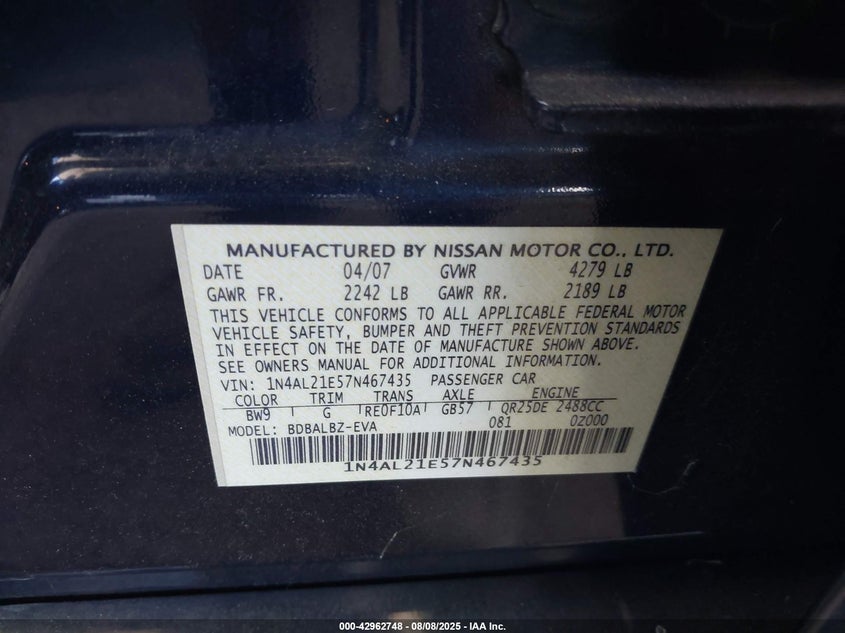 2007 Nissan Altima 2.5 S VIN: 1N4AL21E57N467435 Lot: 42962748