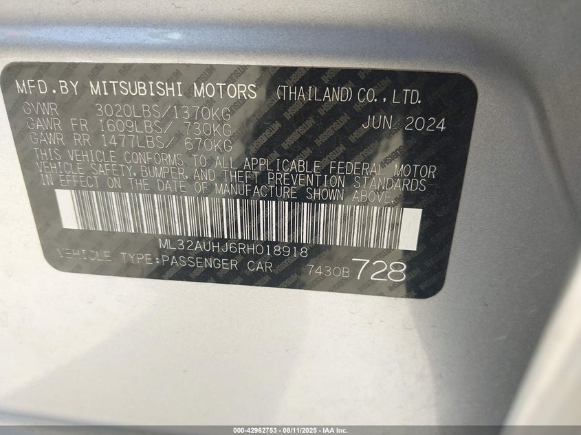 VIN ML32AUHJ6RH018918 2024 MITSUBISHI MIRAGE ES/LE