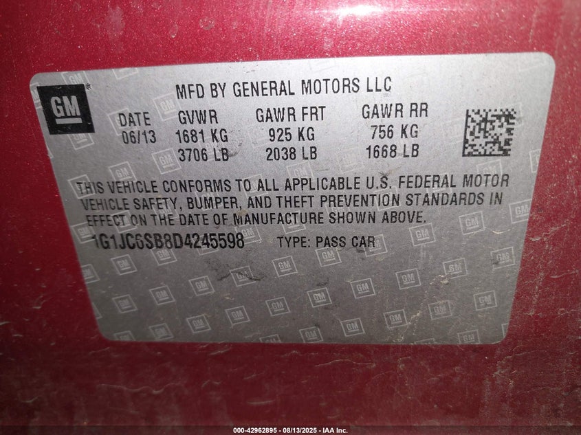 2013 CHEVROLET SONIC LT AUTO - 1G1JC6SB8D4245598