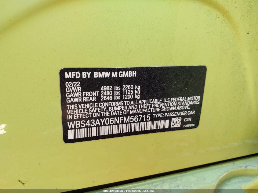 2022 BMW M3 Competition xDrive VIN: WBS43AY06NFM56715 Lot: 42963026