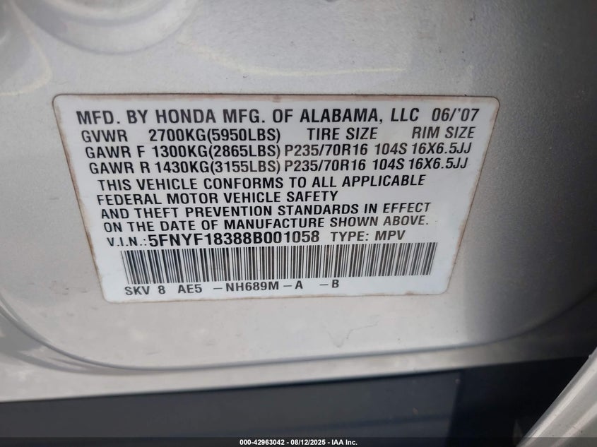 2008 Honda Pilot Se VIN: 5FNYF18388B001058 Lot: 42963042