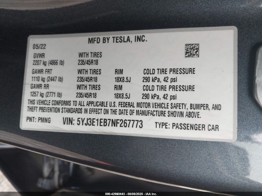 2022 Tesla Model 3 Long Range Dual Motor All-Wheel Drive VIN: 5YJ3E1EB7NF267773 Lot: 42963143